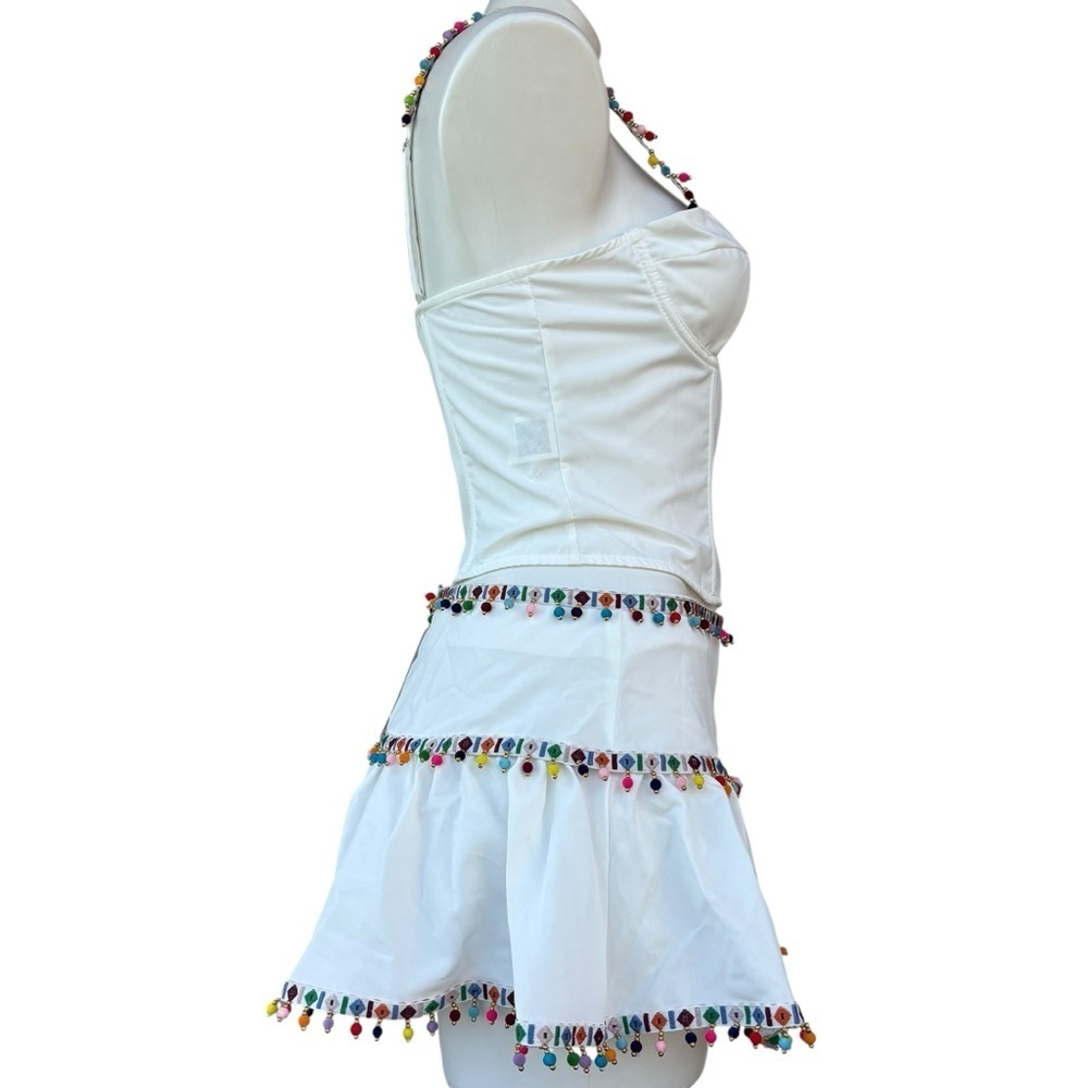 Shein Musera White Skirt & Corset Top Set Pom Pom Trim Size Small New - Picture 5 of 15